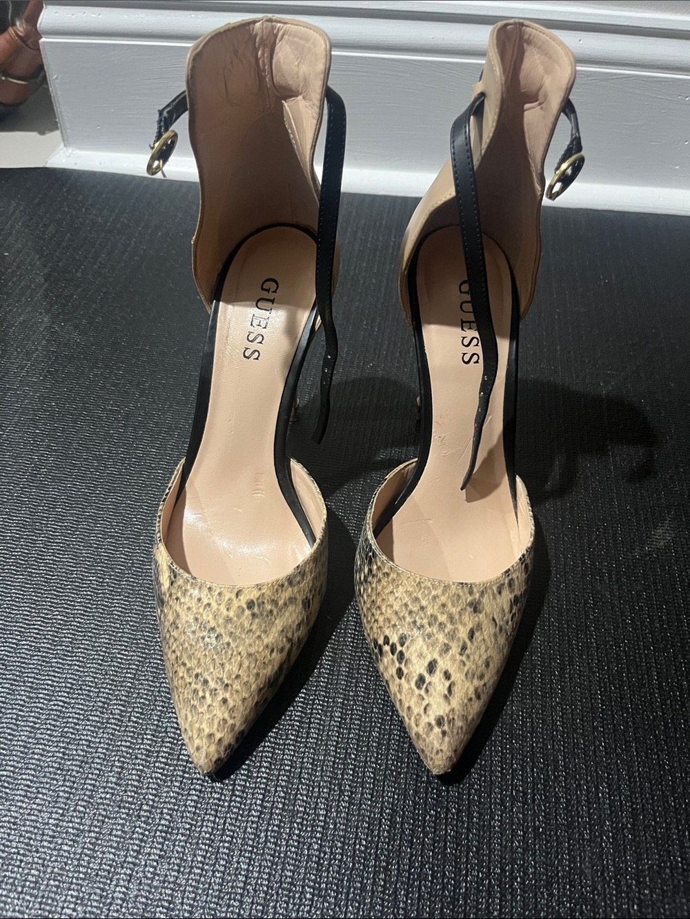 GUESS Snake-Print Pointed-Toe Pumps with Black Ankle Strap